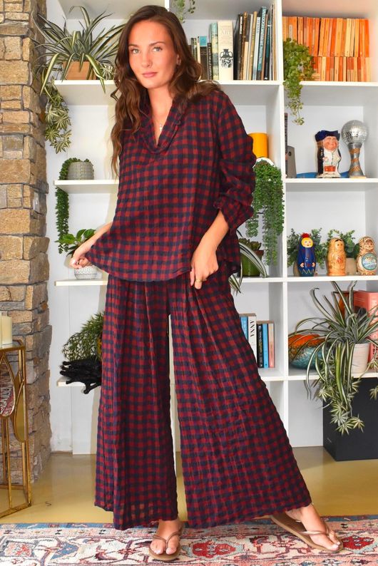 Bibi Gingham Frill Neck Shirt Burgundy